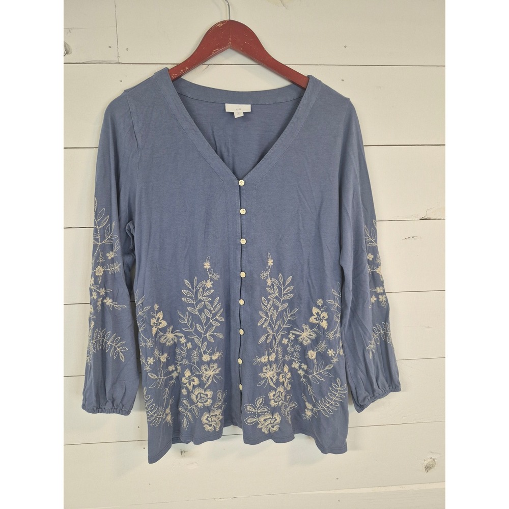 J. Jill Blue Embroidered Button Front V-Neck Long Sleeve Blouse Top Women M